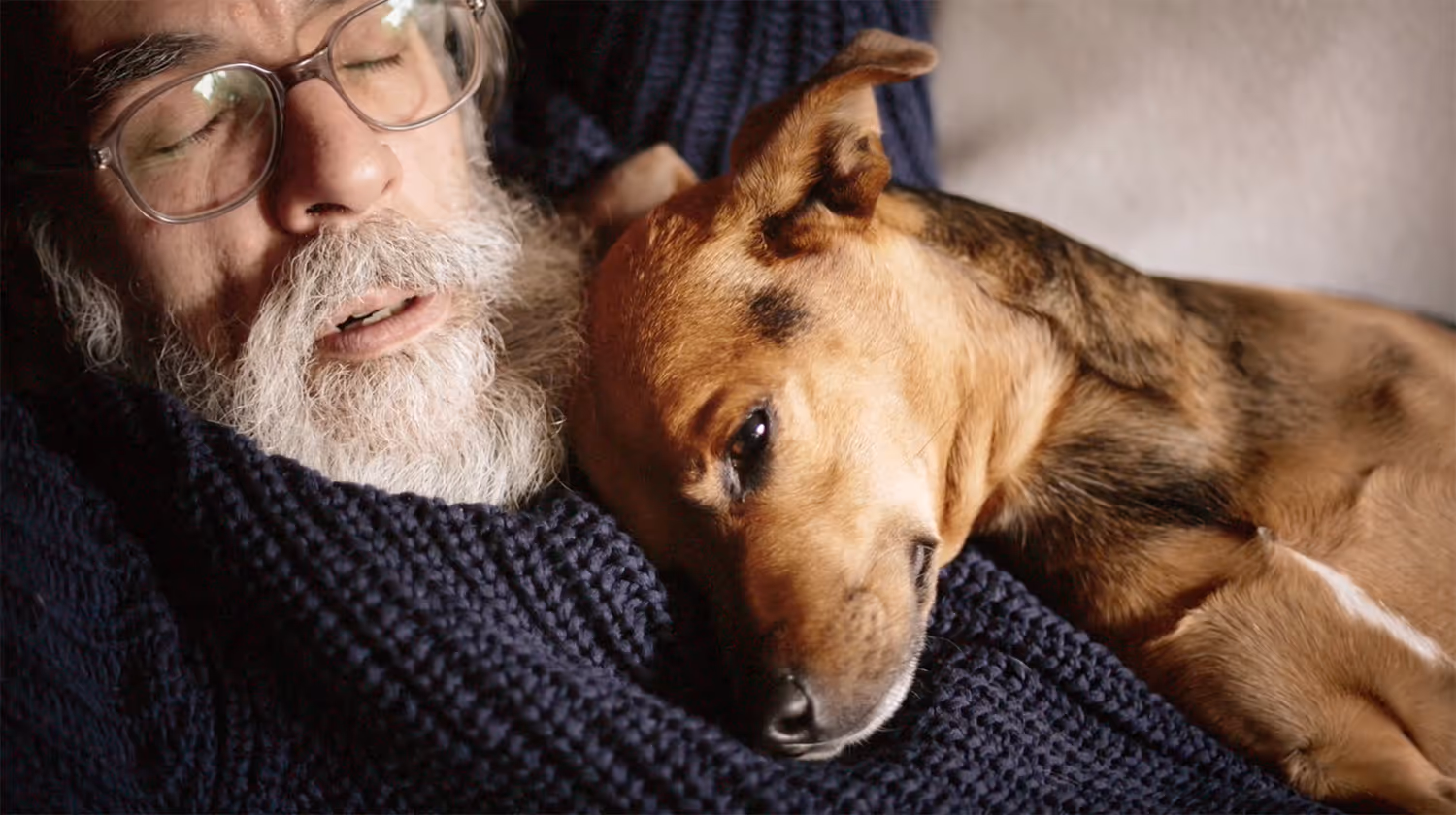 Elderly person with white beard and dog resting together under knitted blanket