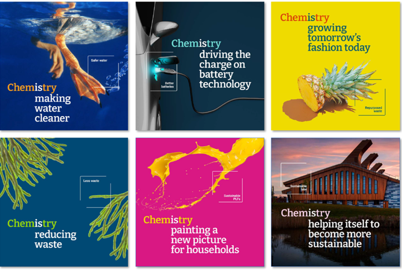 Chemistry posters showcasing innovative solutions for water, battery, fashion, and sustainability