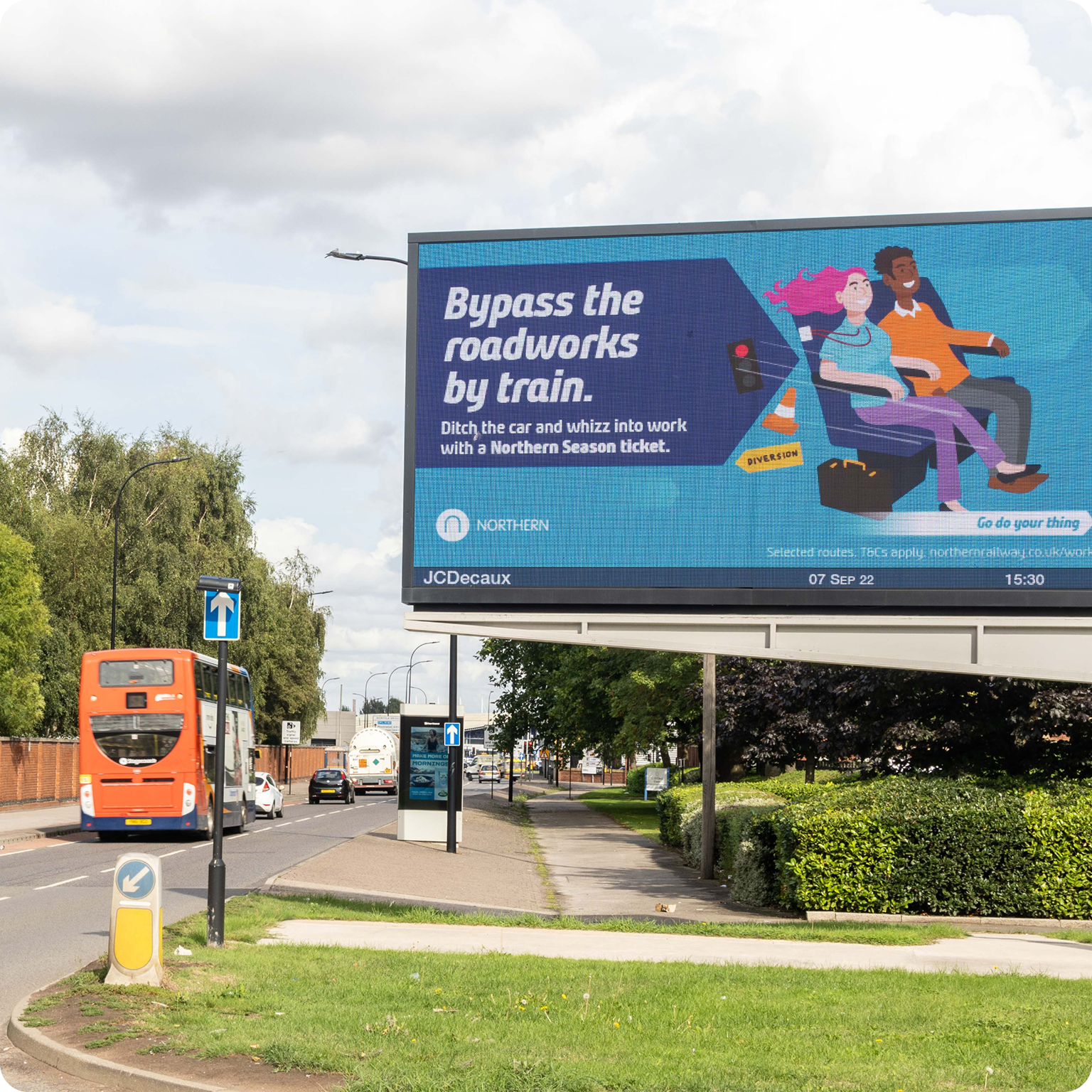Northern Railway billboard encouraging train travel to bypass roadworks