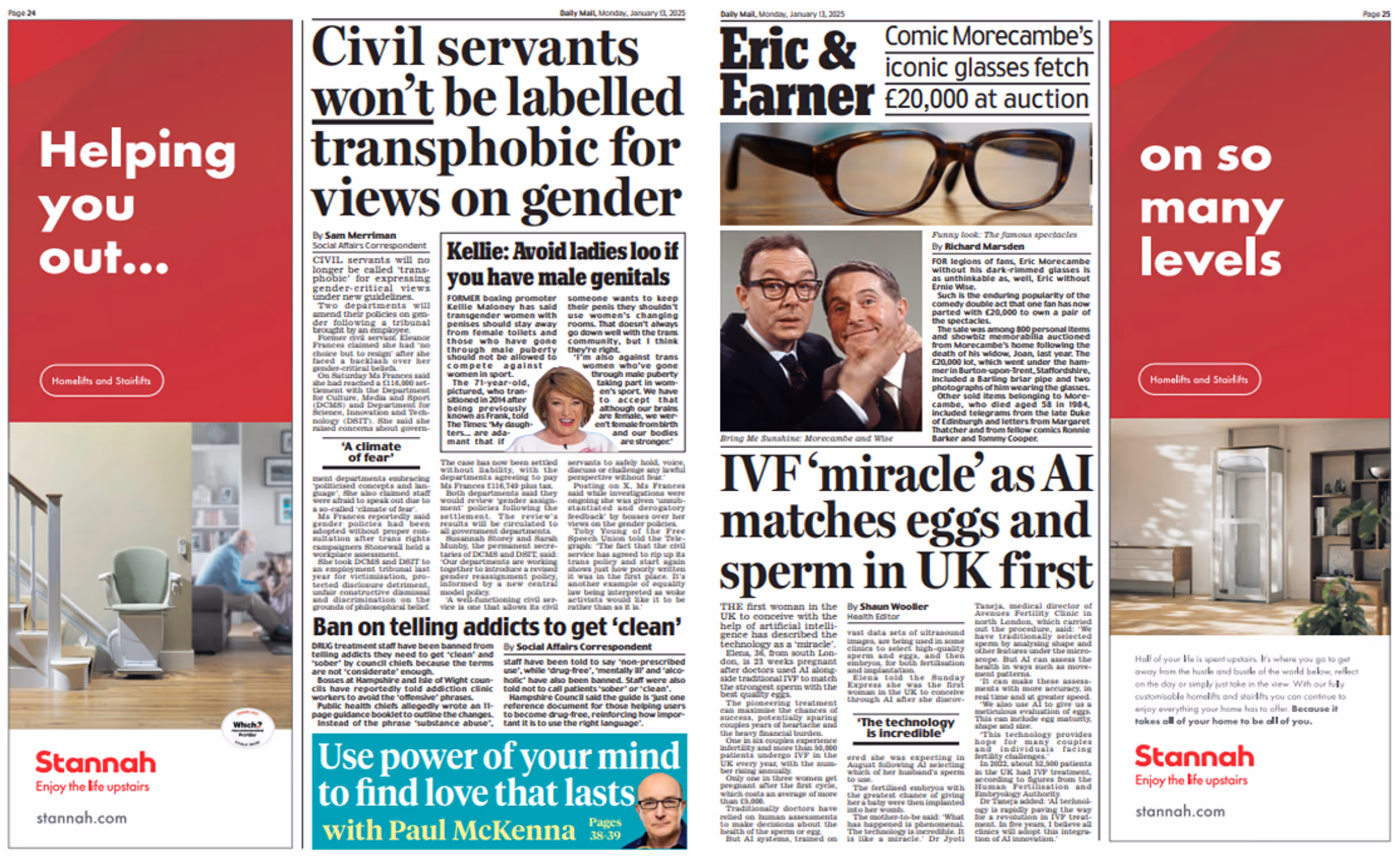 Newspaper front page with headlines about civil servants, Eric and Ernie, and IVF