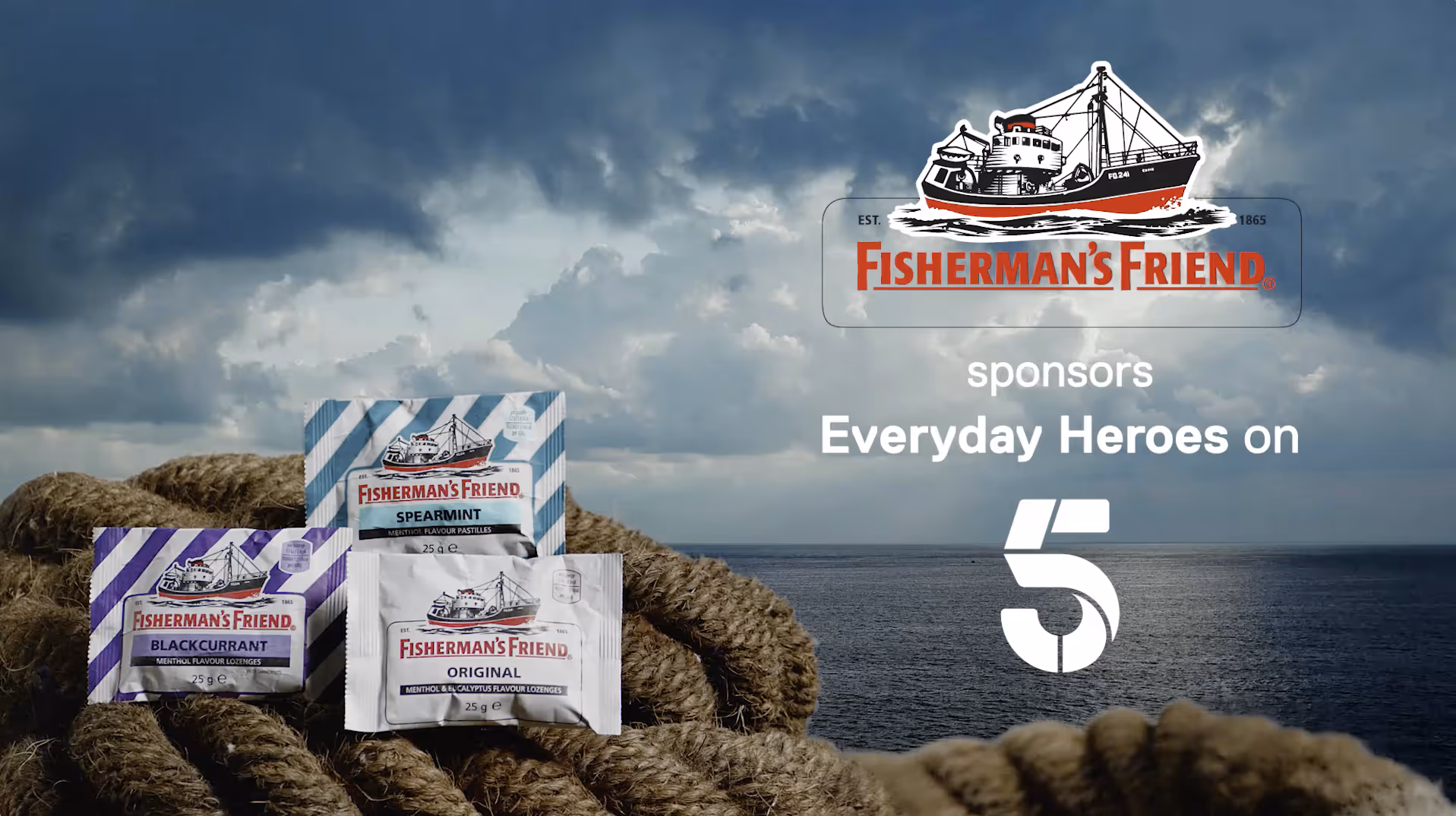 Fisherman's Friend lozenges on nautical ropes with fishing boat background