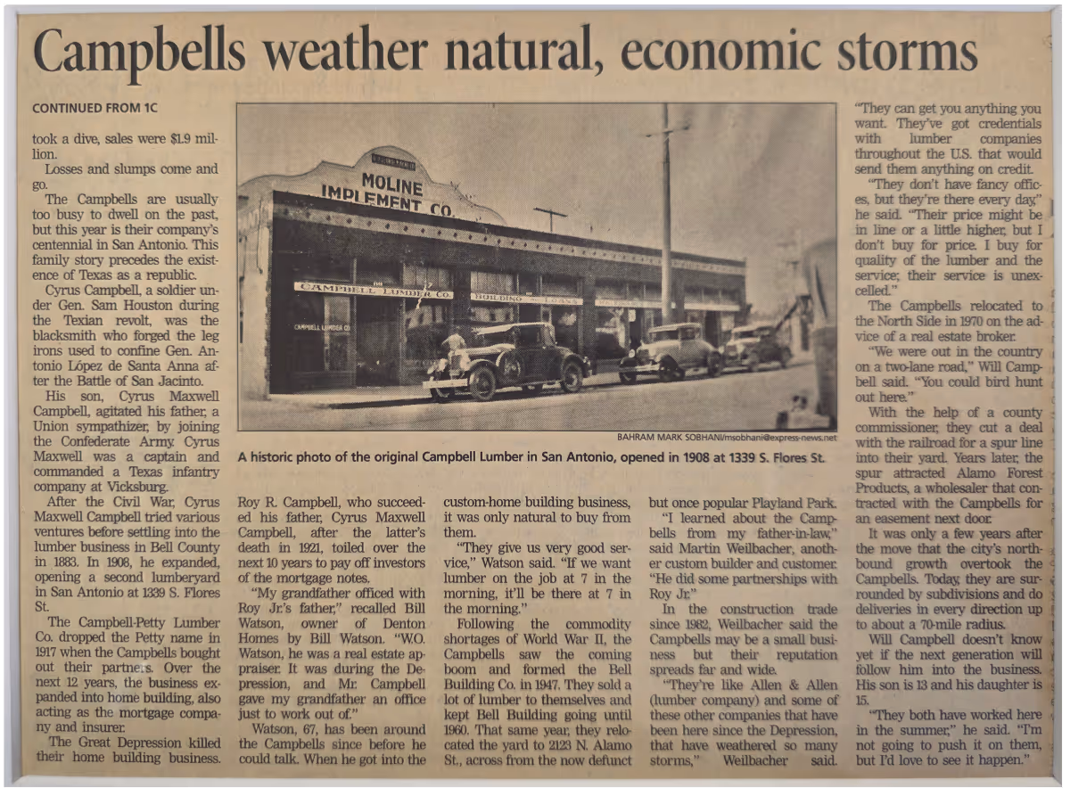 Vintage newspaper article about Campbell Lumber Company with historic storefront photo
