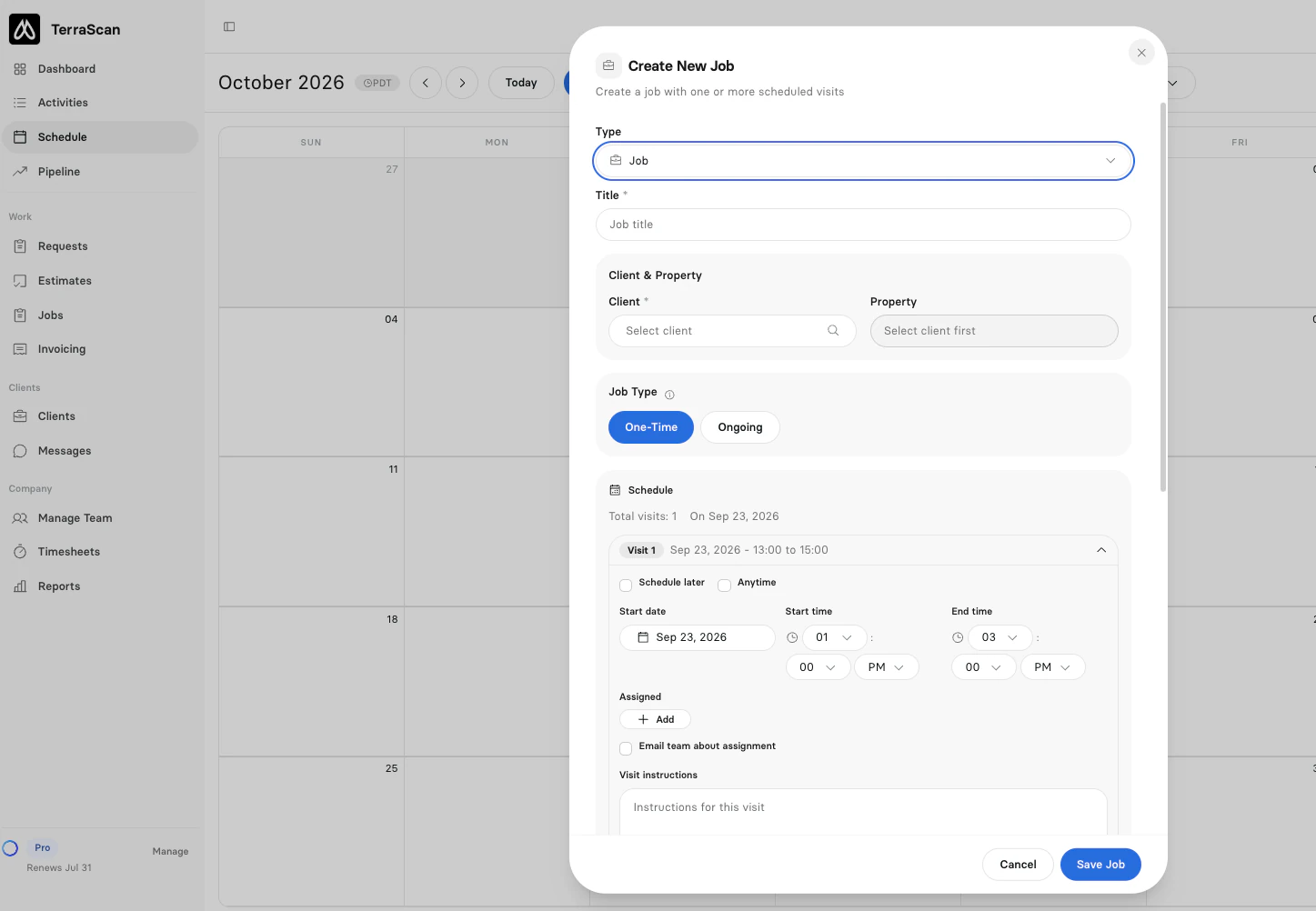 Create New Job window in Clevra with client, property, job type, visit time and crew assignment