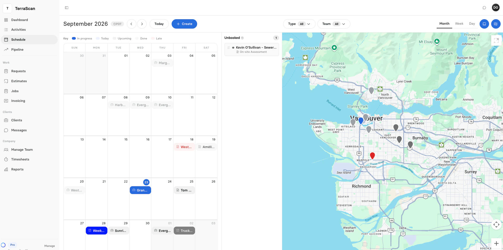 Clevra schedule in month view with the Unbooked list and a map of the day's visits