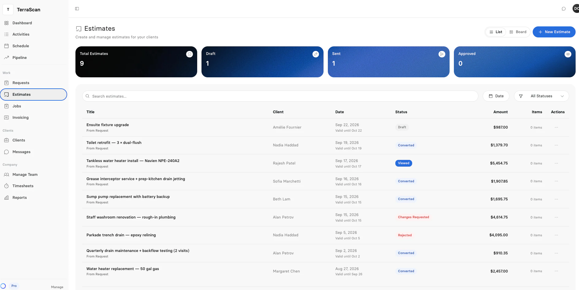 Clevra quotes list with client, date, status and amount for each quote