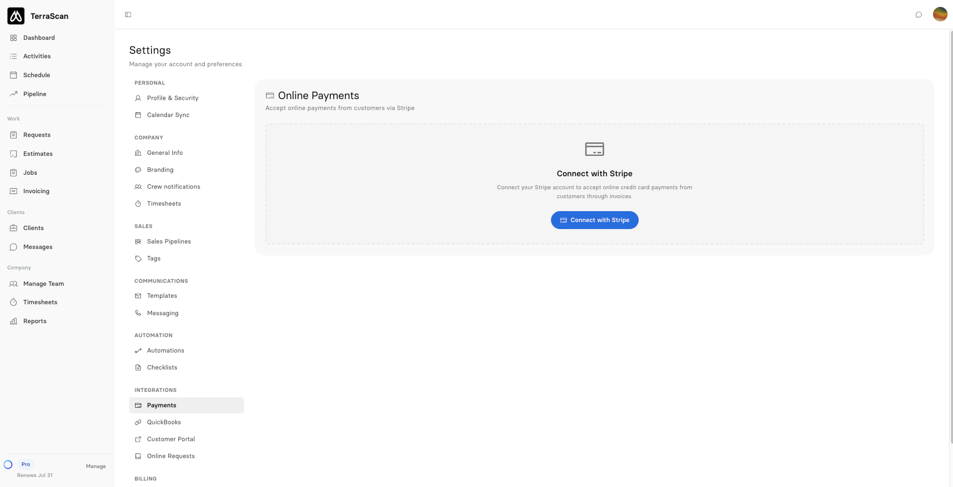 Clevra settings with the Online Payments panel and the Connect with Stripe button