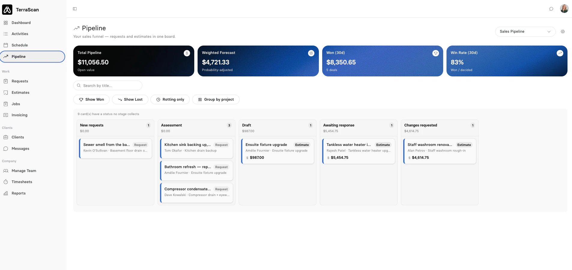Clevra sales pipeline board with requests and quotes by stage