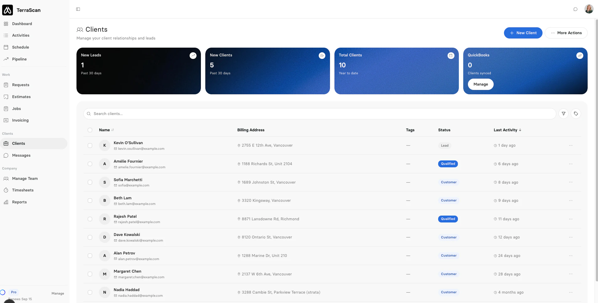 Clevra client list with status, billing address, tags and last activity