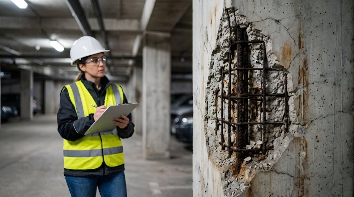 Engineer recording damage on a concrete column in a parking garage