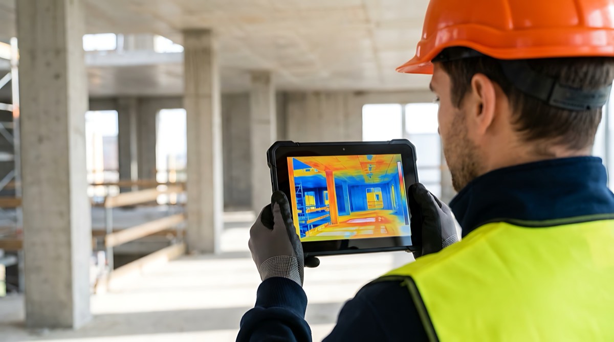 Technician scanning a building with a thermal imaging tablet