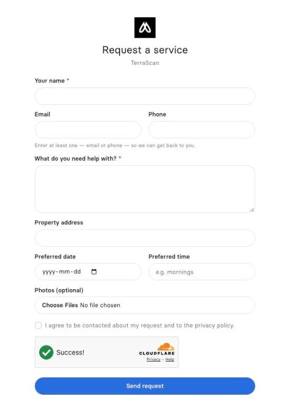 Clevra hosted Request a service form with name, email, phone, job description, property address, preferred date and time, and photos