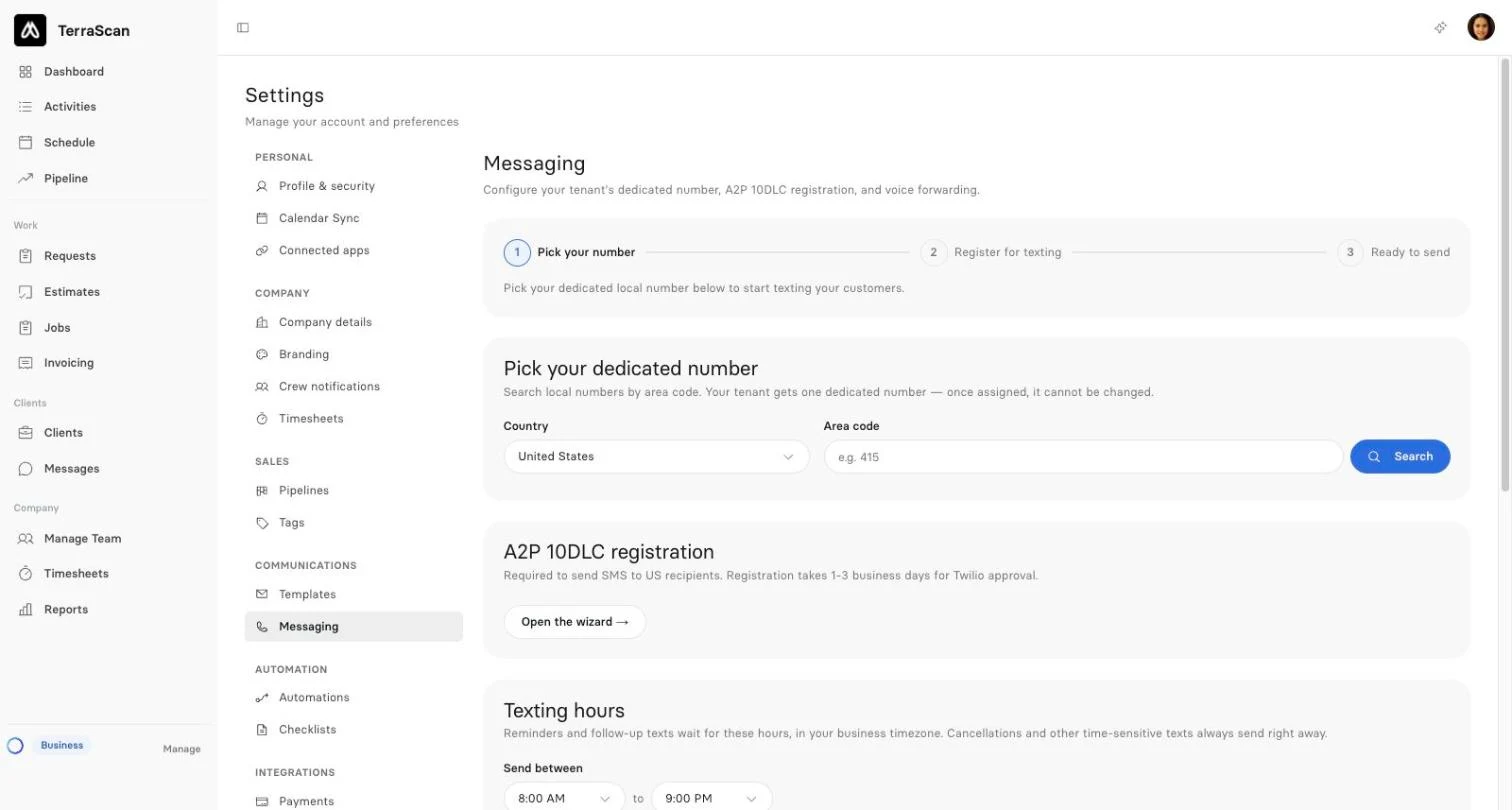 Clevra Messaging settings with steps to pick a dedicated number, register for texting and set texting hours