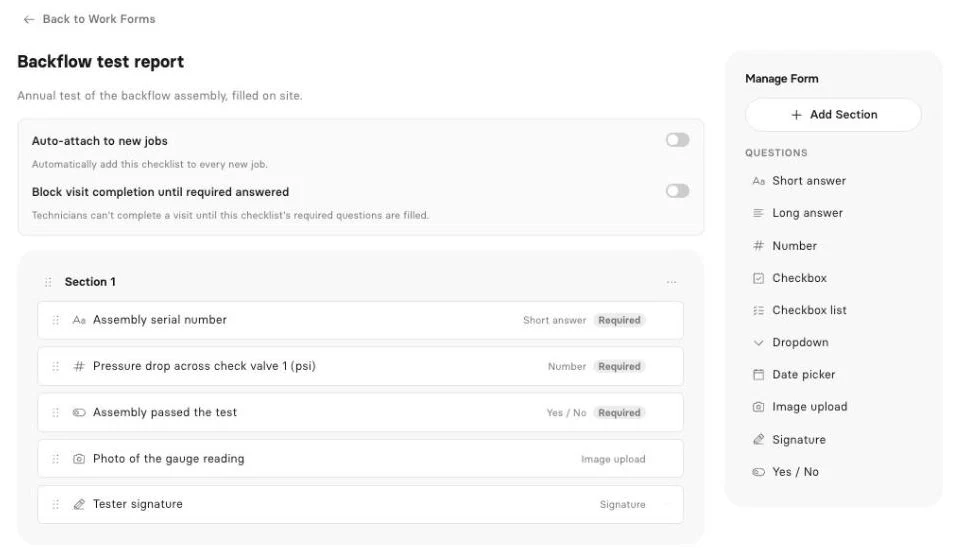 Clevra checklist builder for a backflow test report with short answer, number, yes or no, image upload and signature questions