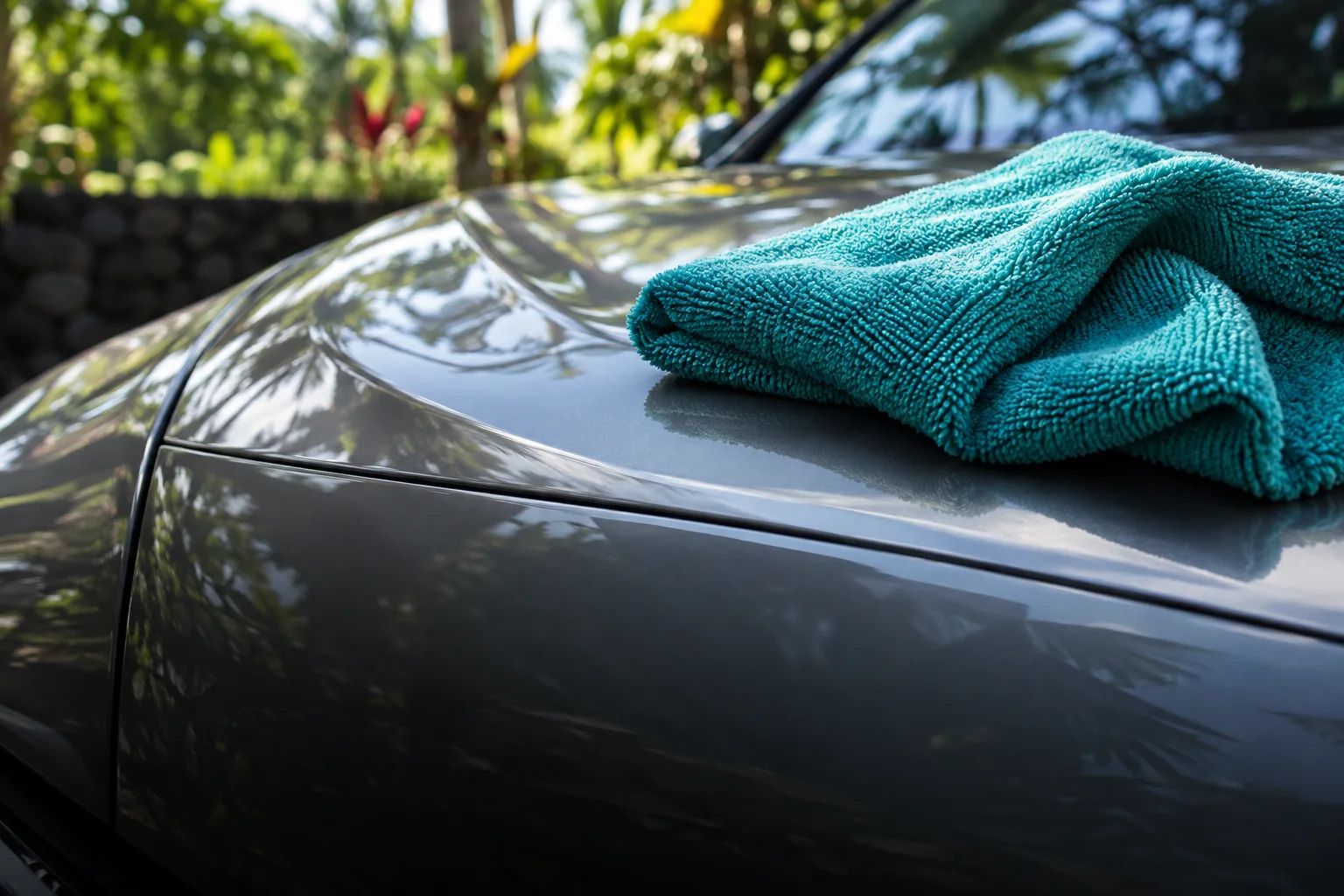 Illustrative close-up of a microfiber cloth caring for a car’s paint