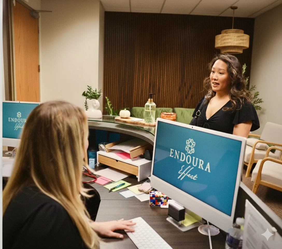 Receptionist with blonde hair seated at a desk speaking with a woman standing across the counter in an office with Endoura Effect displayed on computer monitors.