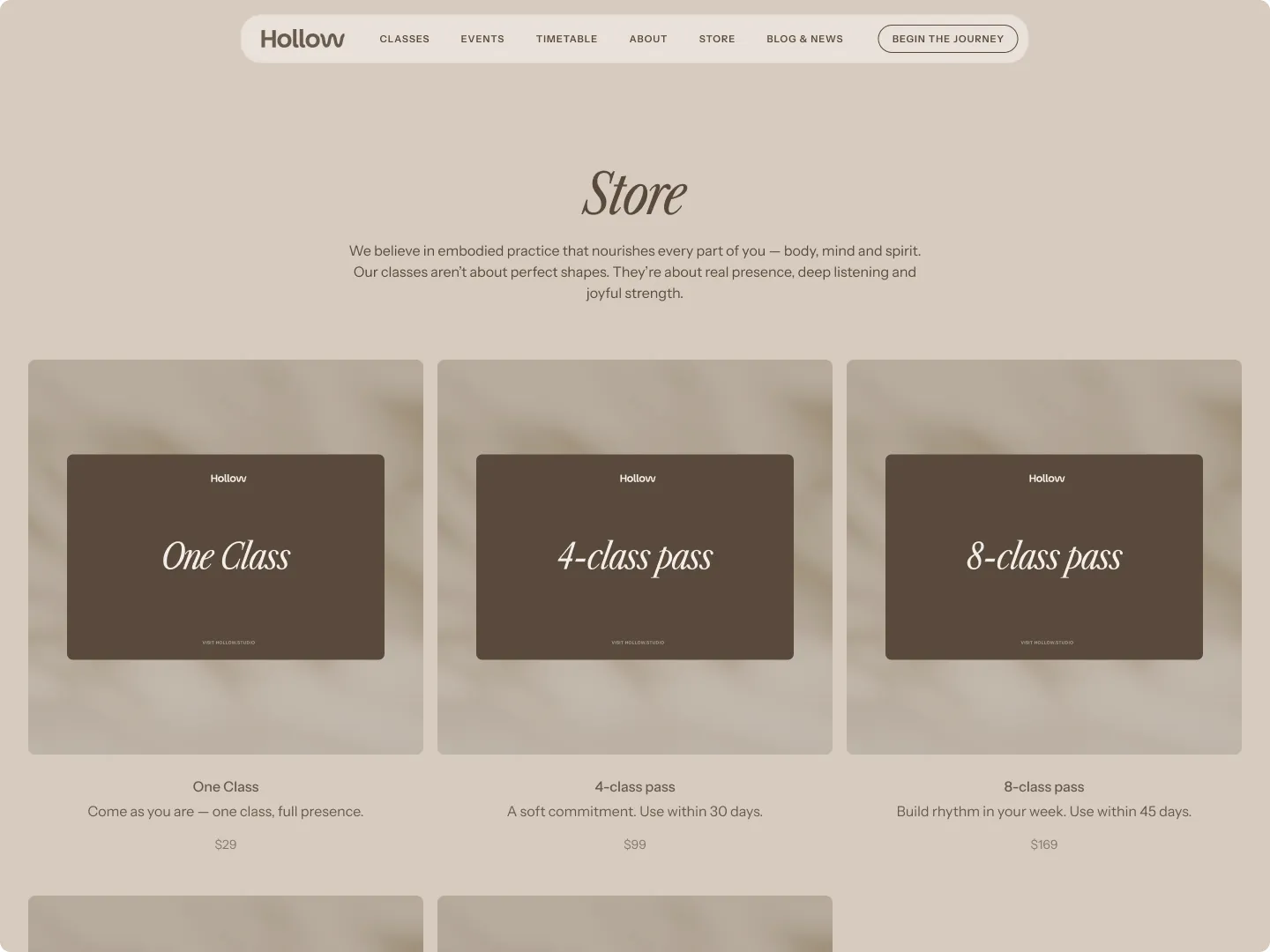 Store page showing class passes with descriptions and prices: One Class $29, 4-class pass $99, 8-class pass $169.