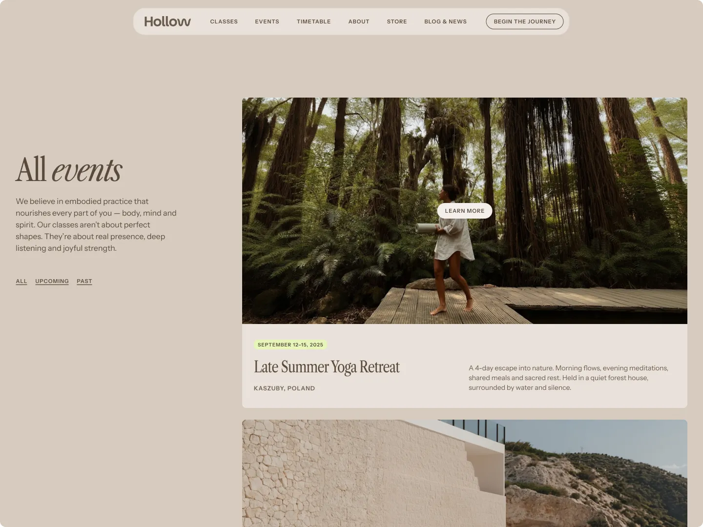 Website events page showing a Late Summer Yoga Retreat in Kaszuby, Poland, with a woman walking barefoot on a wooden platform in a forest.
