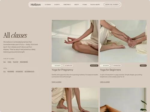 Website section showing yoga class offerings with images of people practicing yoga in seated and stretching poses, including Yoga for Pregnancy and Yoga for Beginners.