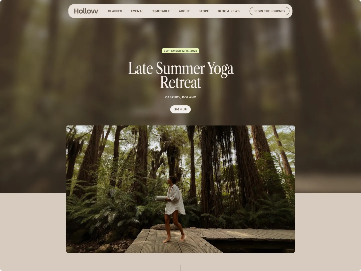 A woman walking barefoot on a wooden platform in a lush forest holding a yoga mat, promoting a Late Summer Yoga Retreat in Kaszuby, Poland from September 12–15, 2025.