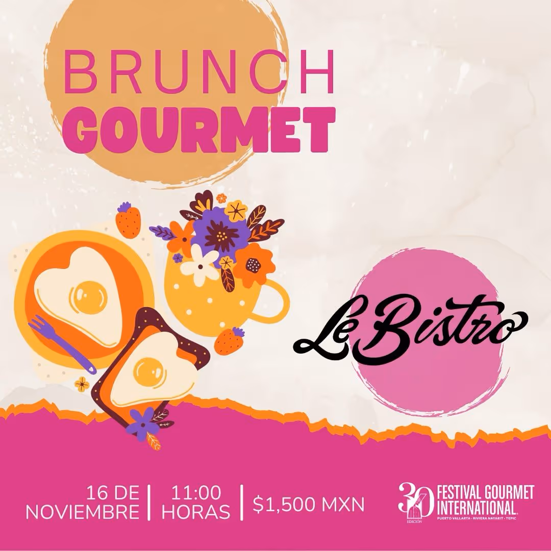 Colorful promotional graphic for a gourmet brunch event at Le Bistro with two heart-shaped fried eggs, flowers, and event details.