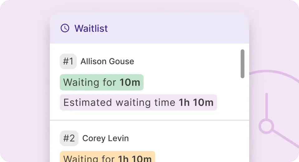 Eat App waitlist dashboard showing estimated wait time and guest status for reservations