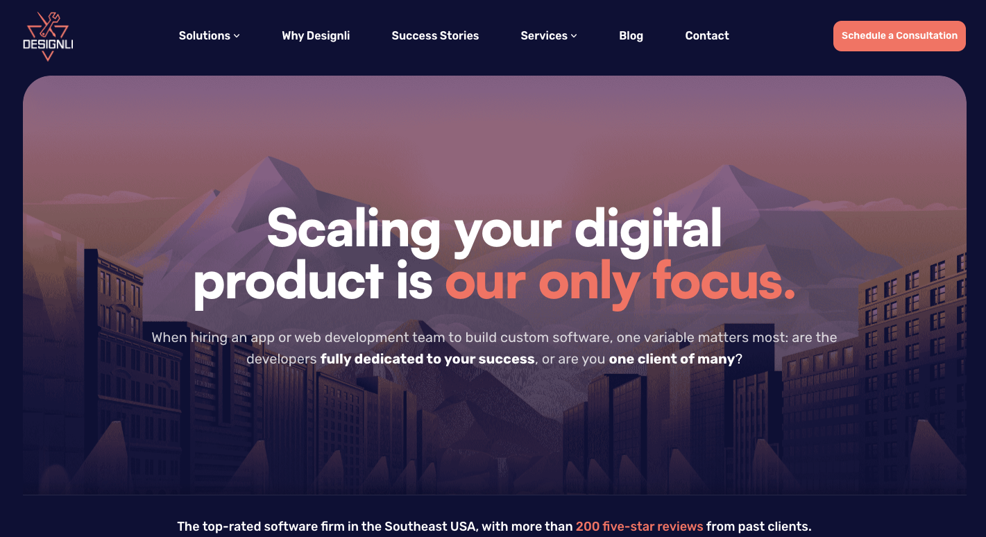 Designli software development company homepage showcasing custom mobile app expertise and startup app development focused on scalable digital products.