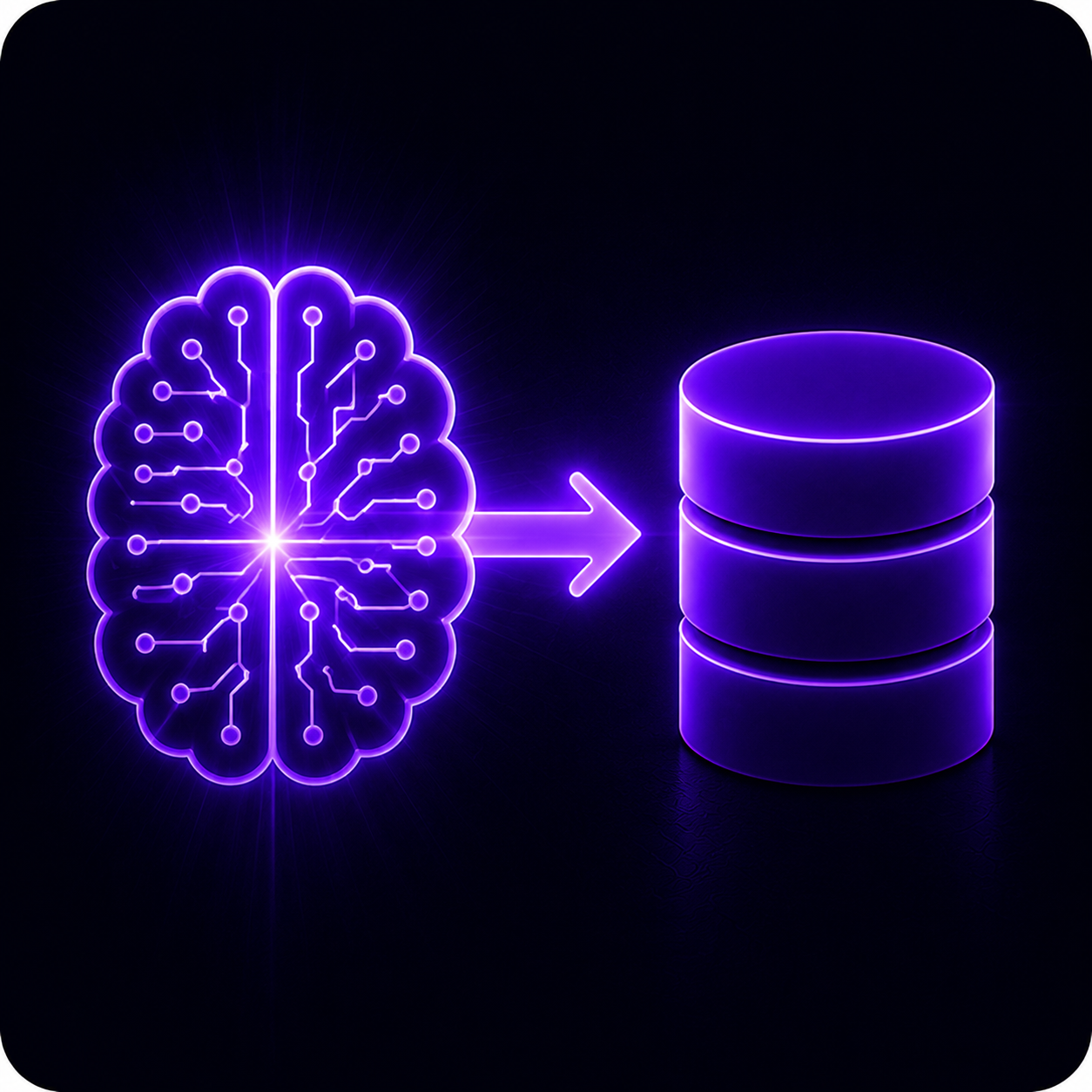 Glowing neon brain with circuit pattern connected by arrow to stacked database cylinders on dark background.