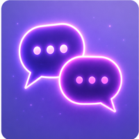 Two glowing neon purple chat bubbles on a dark background with lines indicating messaging.