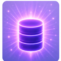 Glowing purple 3D database icon with light rays on a dark background.