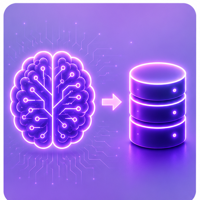 Glowing neon brain with circuit pattern connected by arrow to stacked database cylinders on dark background.