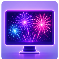 Computer screen glowing purple with vibrant purple and pink fireworks display on a dark background.
