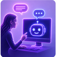 Neon outline of person interacting with a smiling chatbot on a computer screen with speech bubbles.