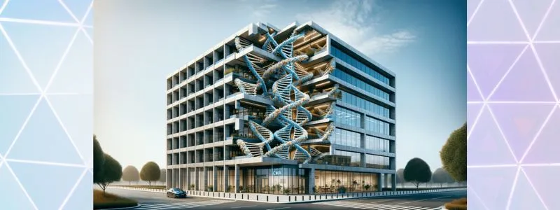 Futuristic building, one side is a DNA helix illustrating the need to embed customer marketing into your company's DNA.