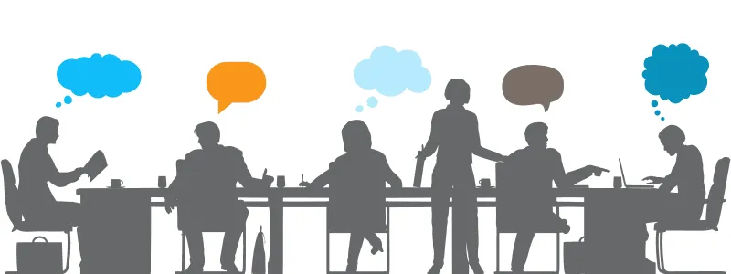 Graphic of progressionals working at a long table with computers with thought bubbles above their heads.