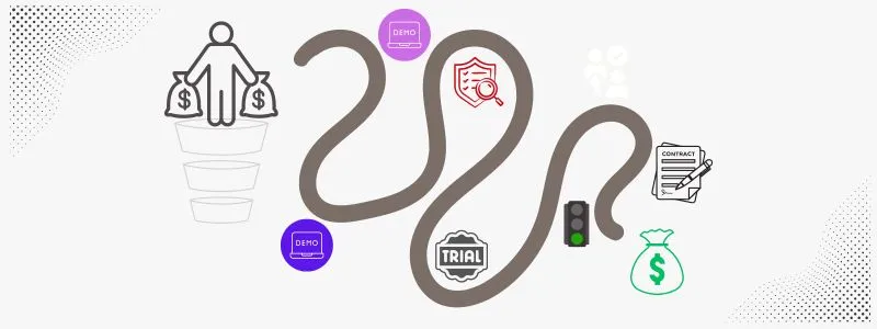 Graphic showing cartoon silhouette of man holding two money bags on a funnel with a curved lin leading to green money bag.