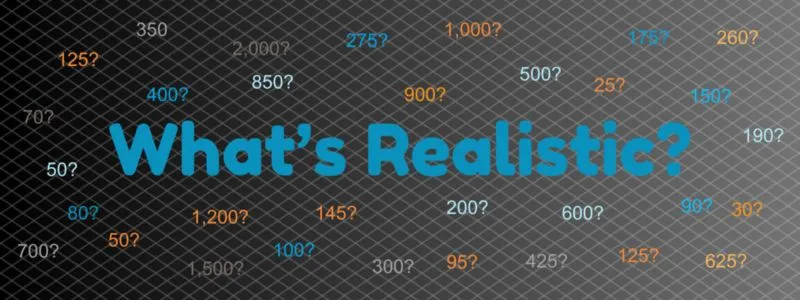 Graphic with lots of numbers with question marks and in the middle in large letters say What's Realistic?