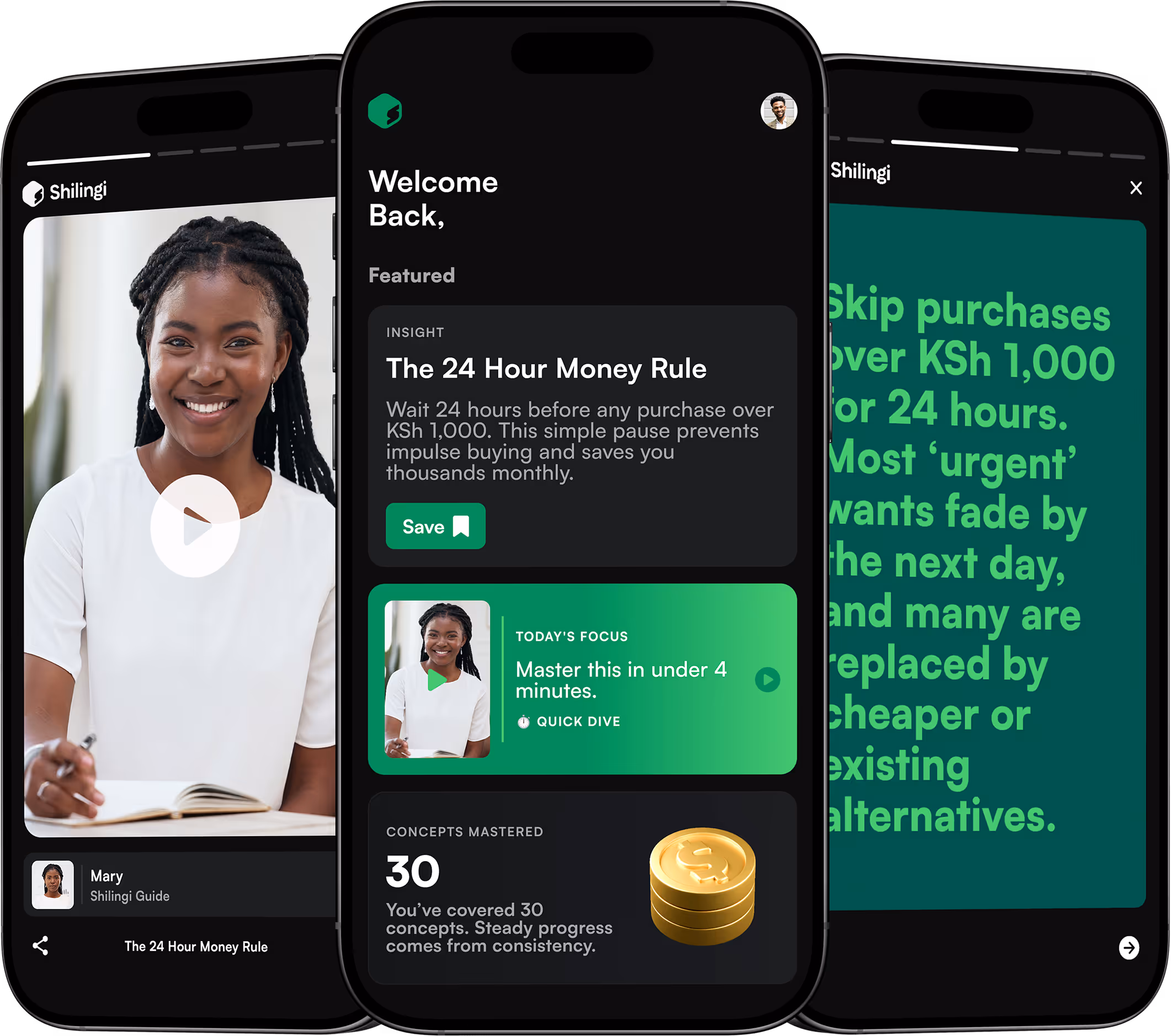 Three smartphone screens showing the Shilingi app with financial advice, a smiling woman named Mary, and progress on mastering 30 concepts.