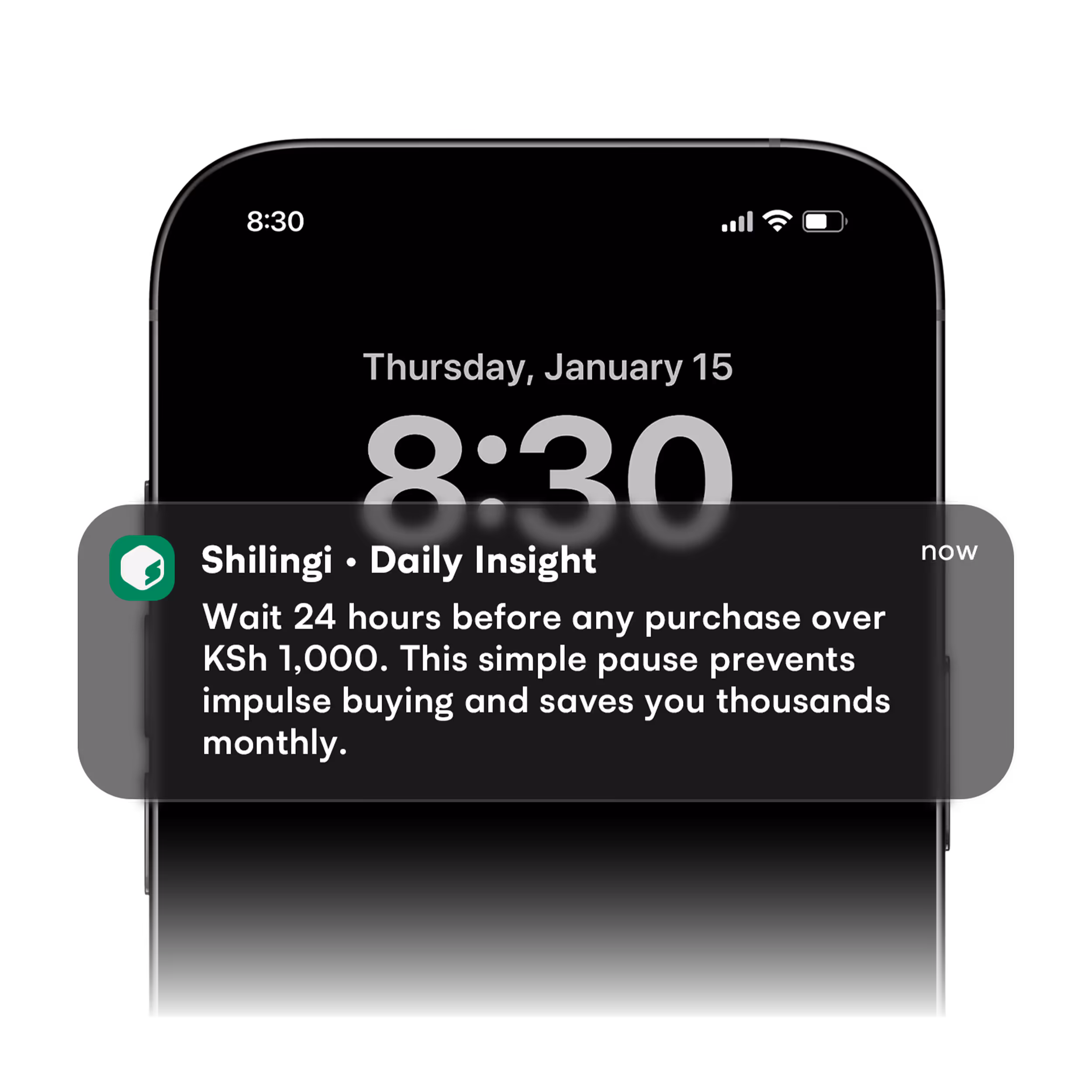 Smartphone lock screen showing a notification from Shilingi Daily Insight 