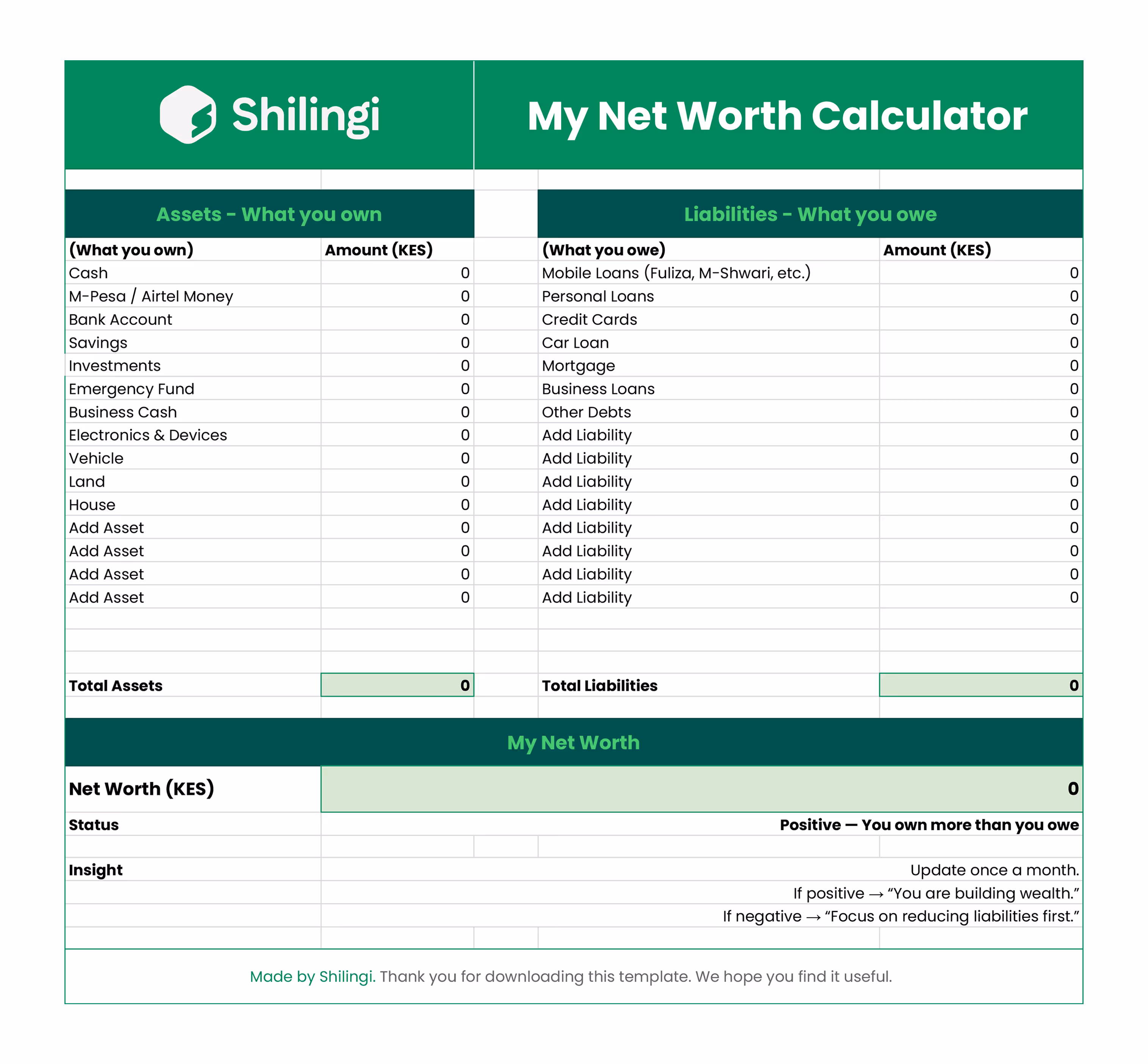 Shilingi My Net Worth Calculator spreadsheet with columns for Assets What you own and Liabilities What you owe, both with amounts in KES initially set to zero, and a section showing Net Worth status and insight tips.