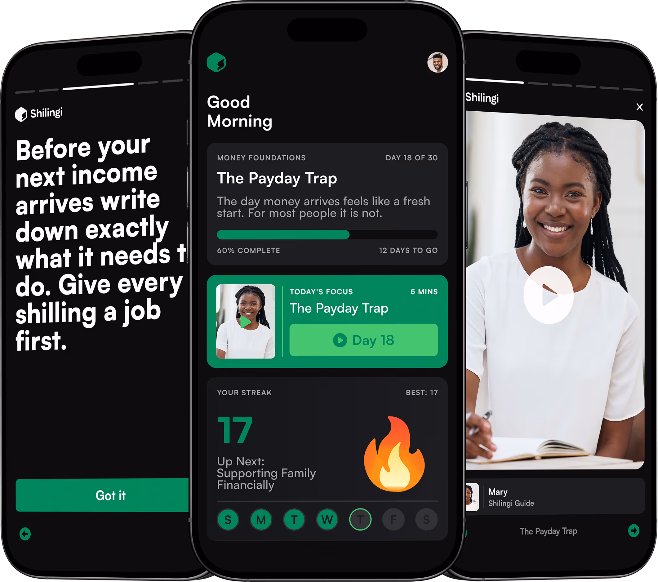 Three phone screens showing a financial app with money advice, progress tracking, and a smiling woman video.
