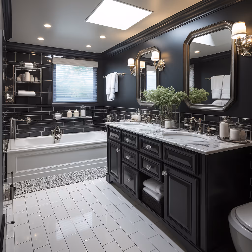 Modern bathroom with black walls, white subway tile floor, double sink vanity with marble countertop, and a built-in bathtub.