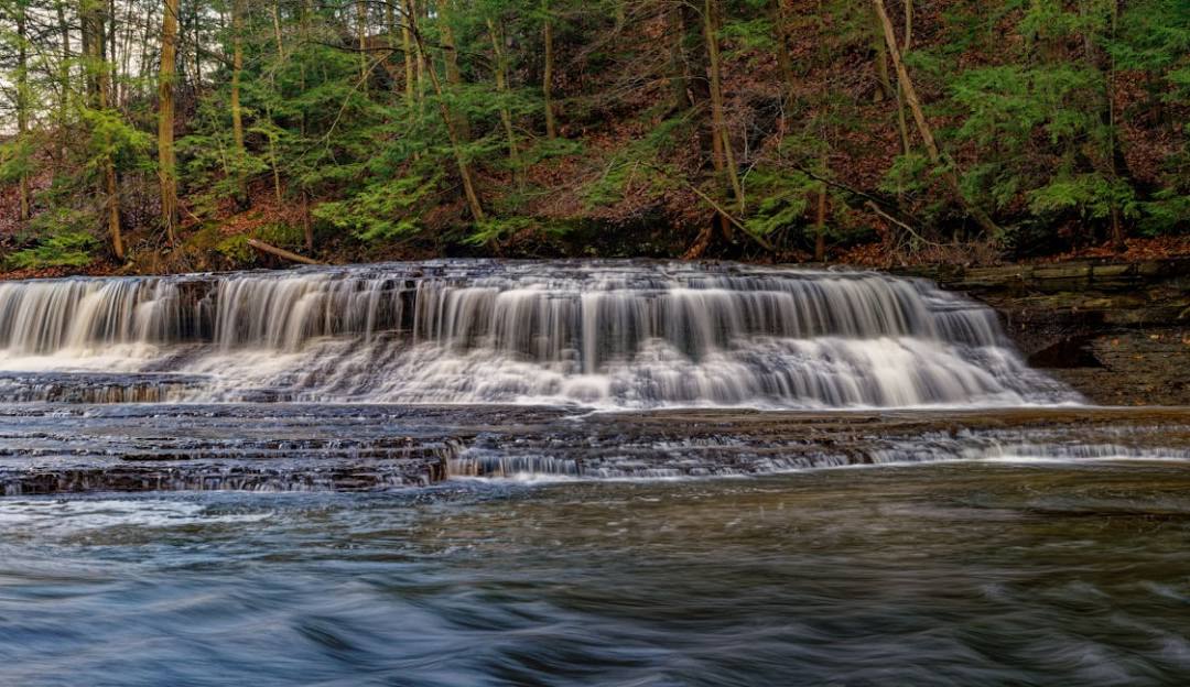 Wide, gentle waterfall flowing over layered rocks surrounded by a forest with green and brown trees.