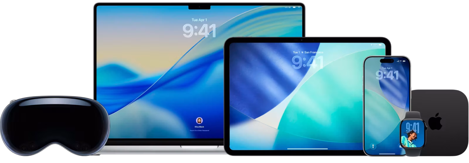 อุปกรณ์ Apple หลากหลายรุ่นรวมทั้ง VR headset, MacBook, iPad, iPhone, Apple Watch และ Mac mini วางเรียงกัน