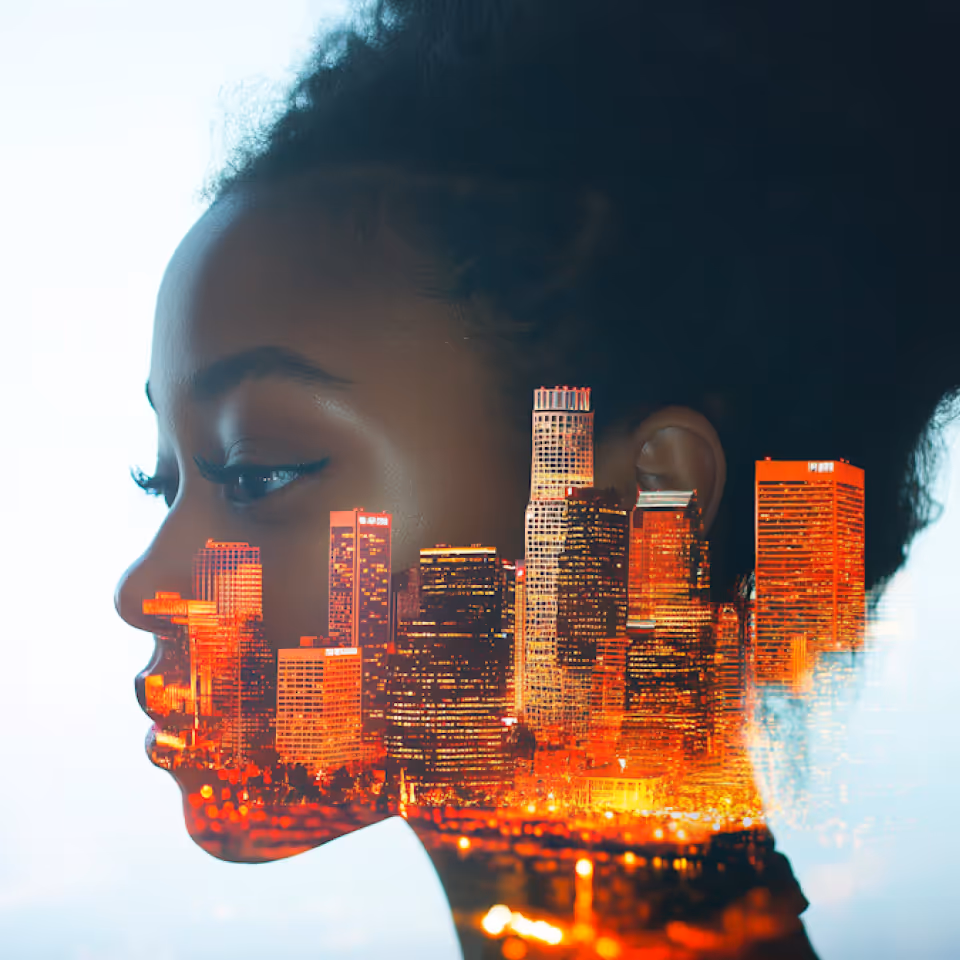 Double Exposure Woman and Cityscape
