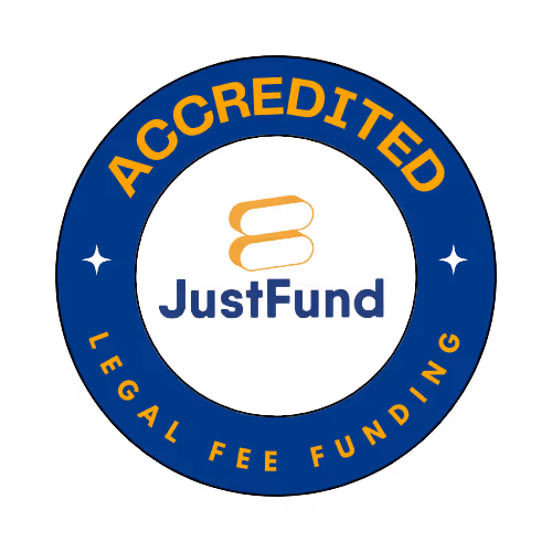 Blue circular badge with orange text 'ACCREDITED' at the top and 'LEGAL FEE FUNDING' at the bottom, featuring the JustFund logo in the center.