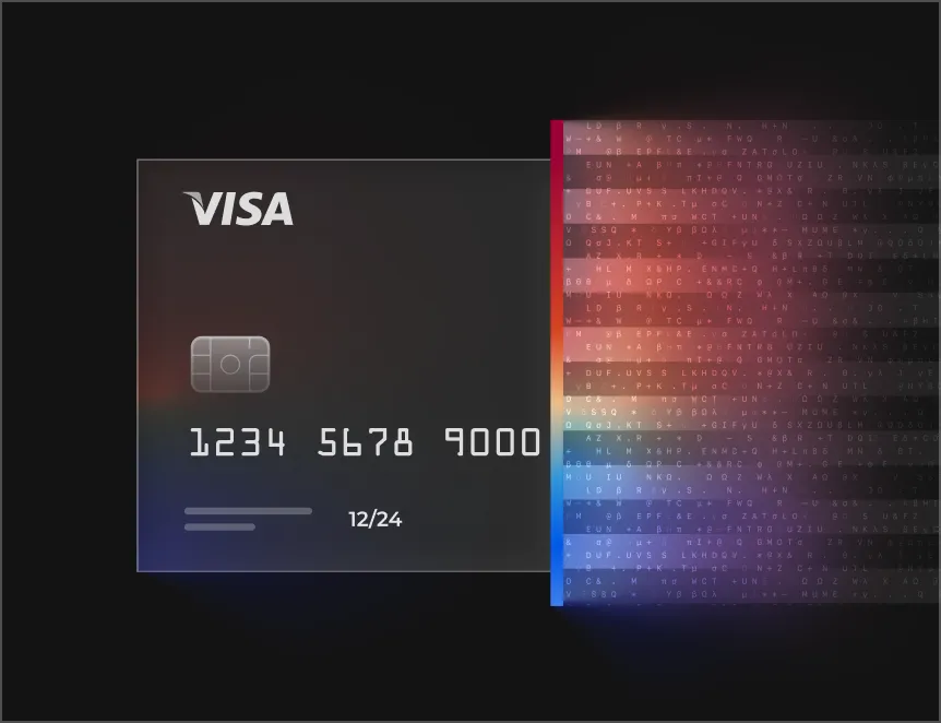 A visa credit card with a multicolored background.