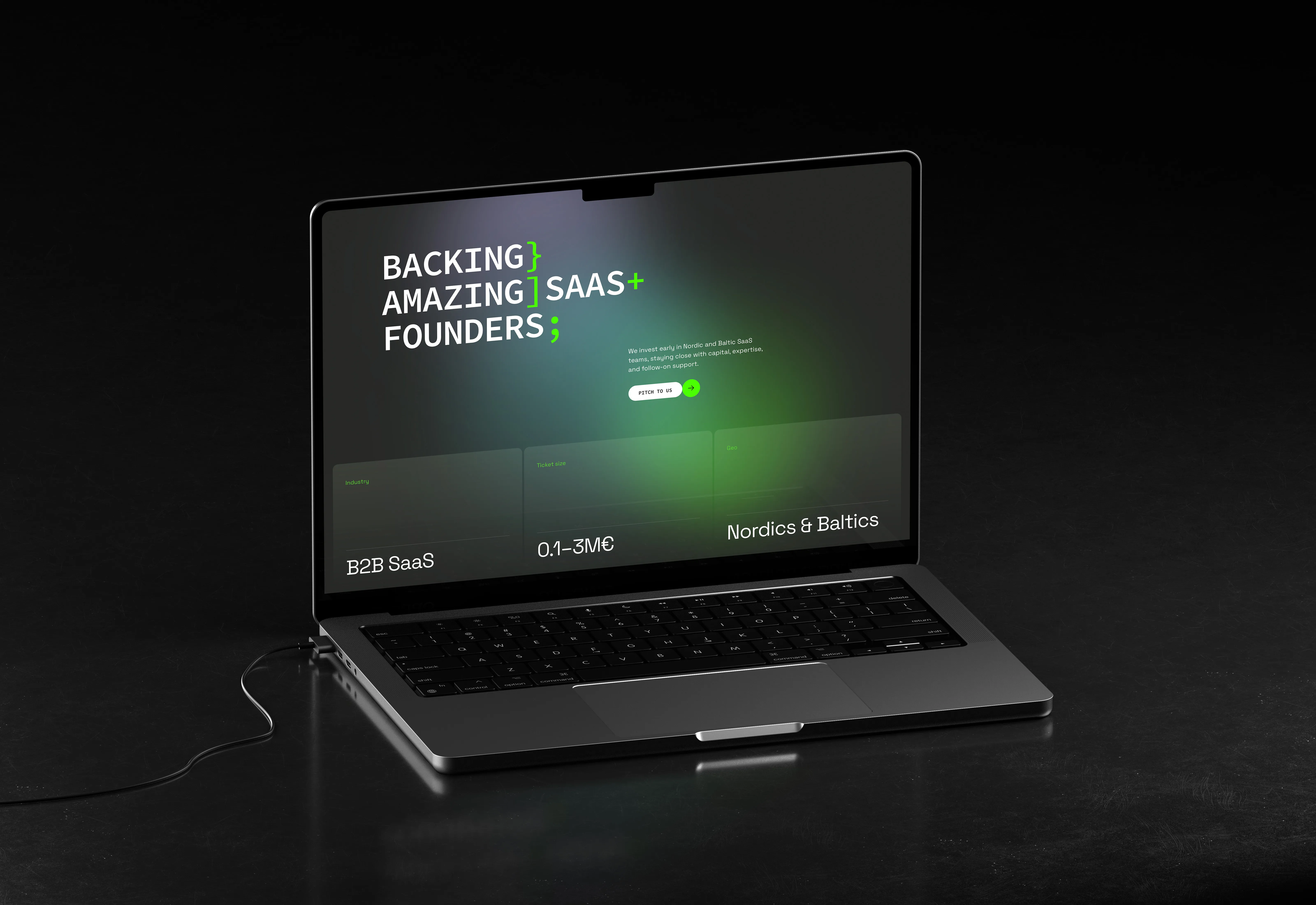 Laptop mockup displaying Vendep Capital website homepage hero with bold typography and neon green accents.