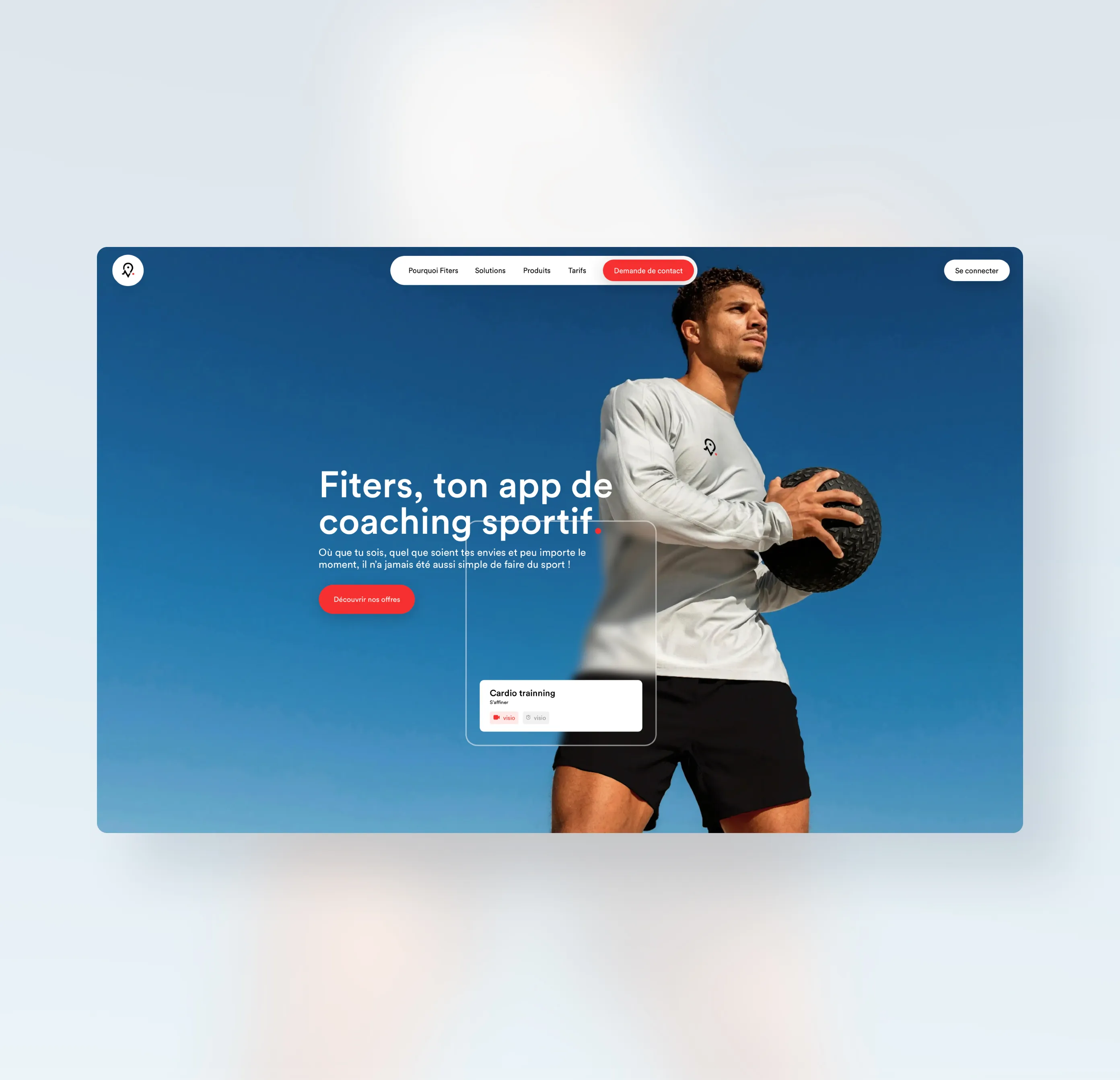 Desktop mockup featuring Fiters homepage, showing a vibrant image of an athlete and a call-to-action for sports coaching.