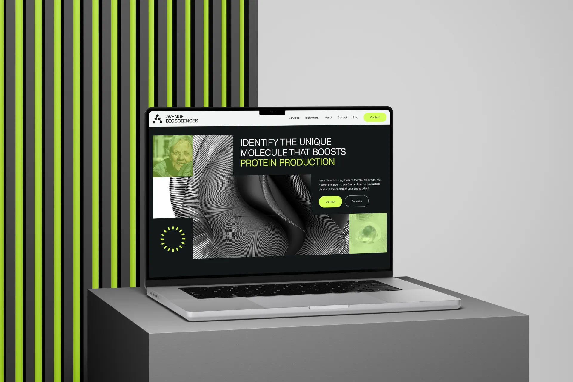 Laptop mockup displaying Avenue Biosciences’ website hero section, featuring a dark modern design with neon green accents, abstract scientific imagery, and headline text about boosting protein production through biotechnology.