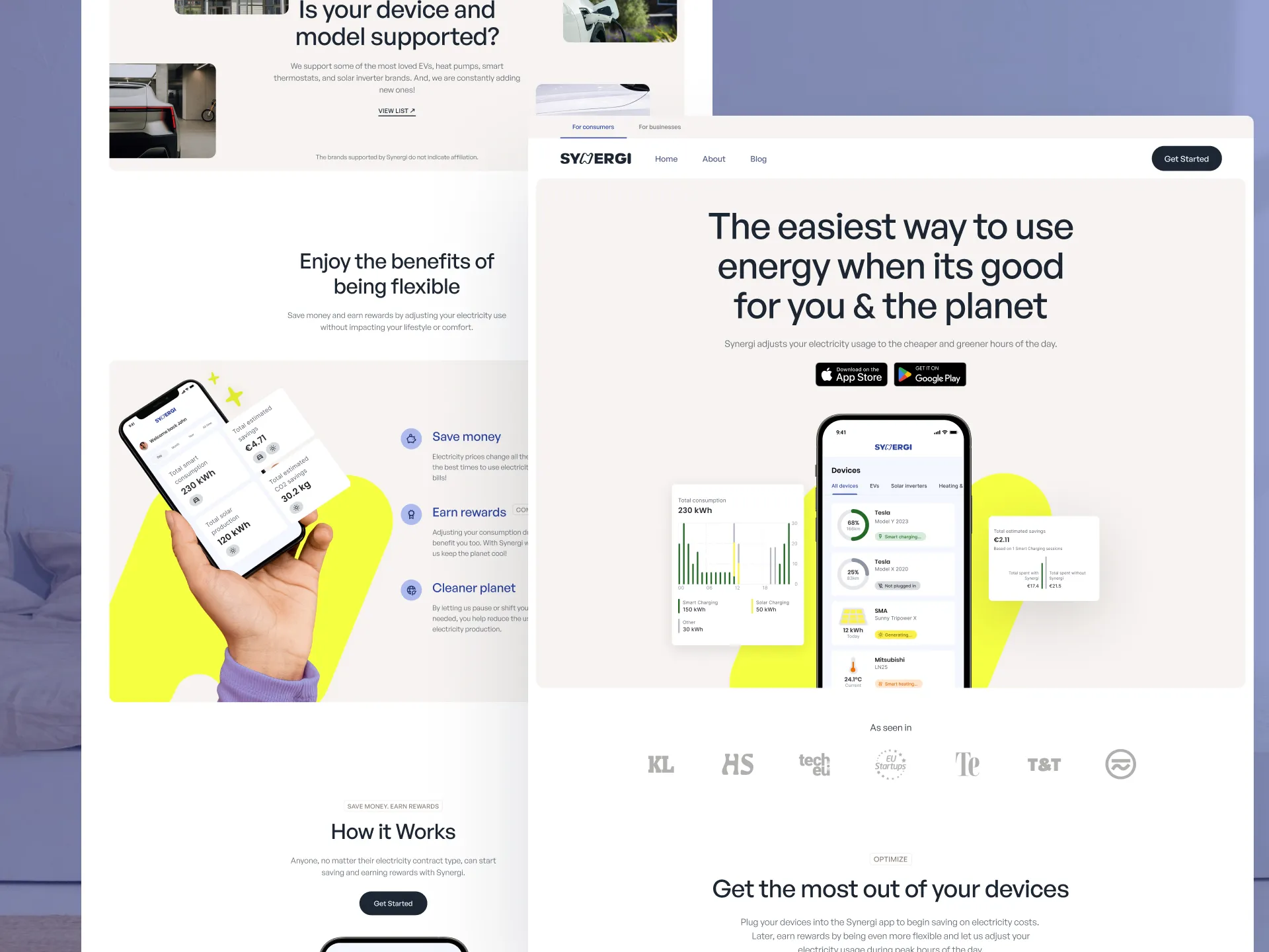 Screens from Synergi’s website home page, featuring a clean, bright design with energy data visuals, app interface mockups, and messaging about saving money, earning rewards, and using electricity efficiently for a greener planet.